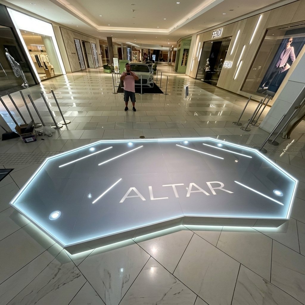 Podio de exhibición recién instalado en el pasillo de un mall de lujo, antes del montaje