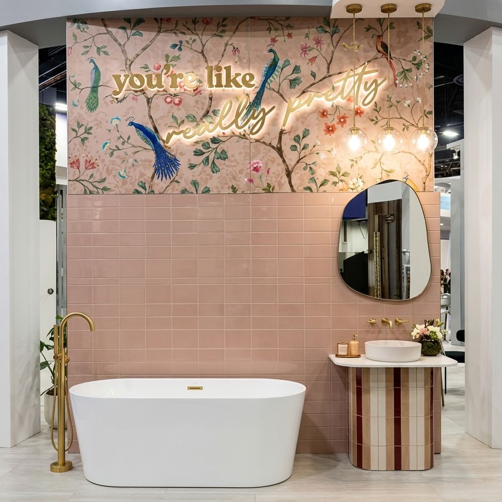 Baño con bañera exenta, pared rosada y mueble de lavamanos a la medida
