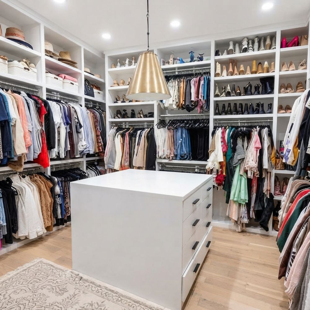Walk-in closet a la medida con isla central de gavetas, zapateras iluminadas y lámpara colgante