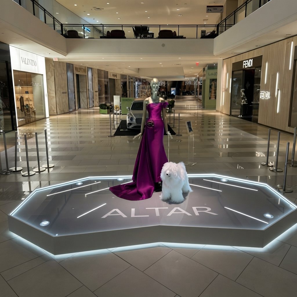 El mismo podio ya montado con la exhibición terminada e iluminación encendida