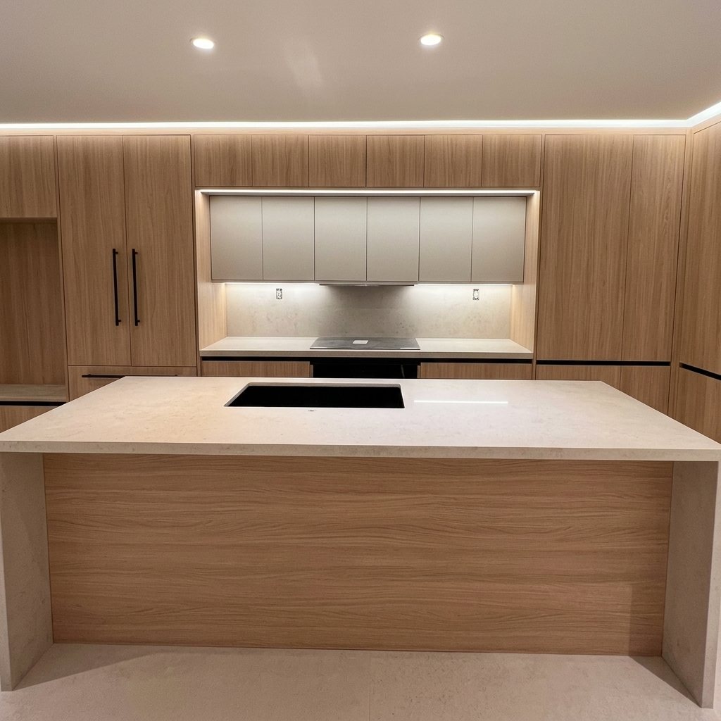 Cocina de lujo a la medida en madera clara con isla grande, campana integrada y luz LED indirecta