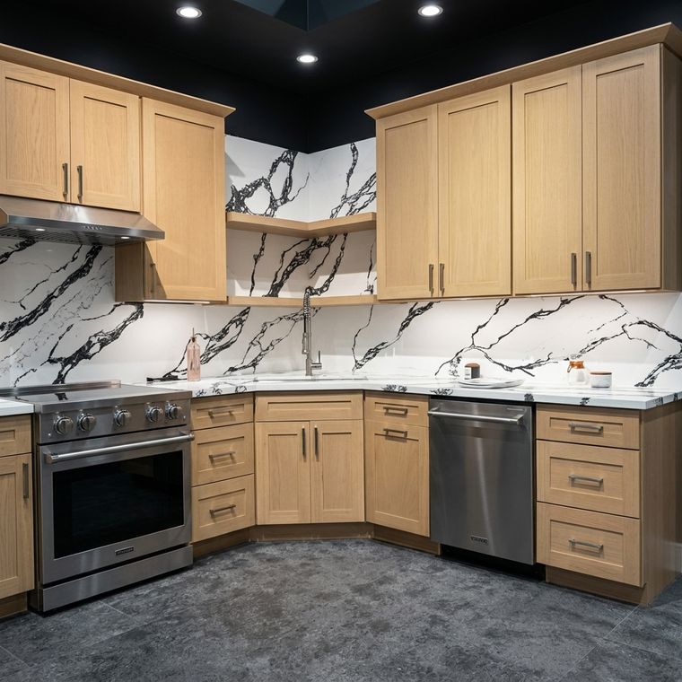 Cocina en madera natural con backsplash de mármol de veta marcada