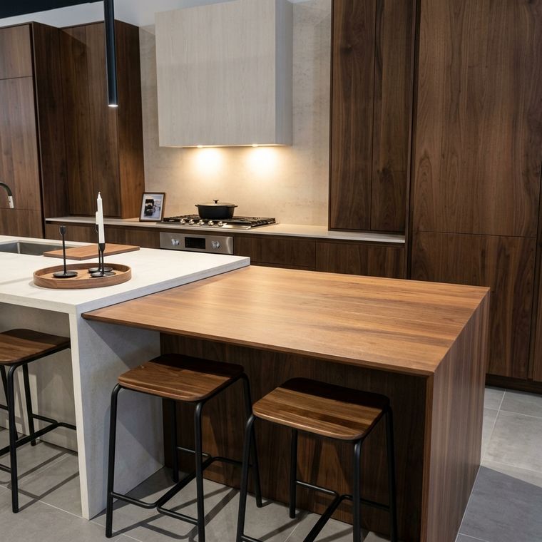 Isla con mesa de desayuno en madera maciza y banquetas negras