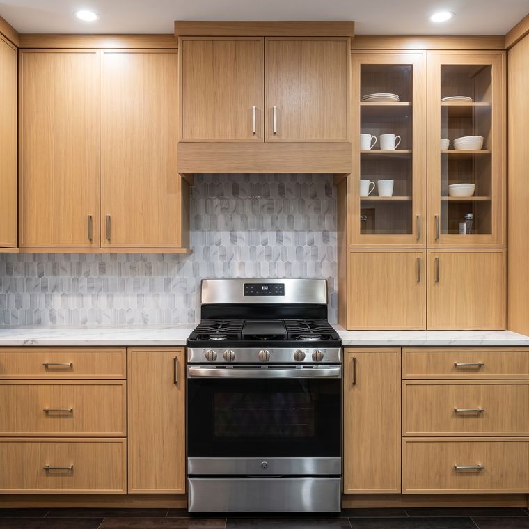 Cocina shaker en roble claro con vitrinas de cristal y estufa de gas