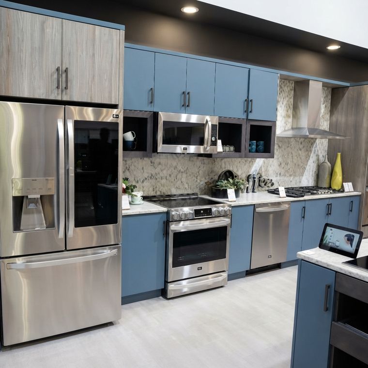 Cocina en azul acero con gabinetes superiores de veta clara