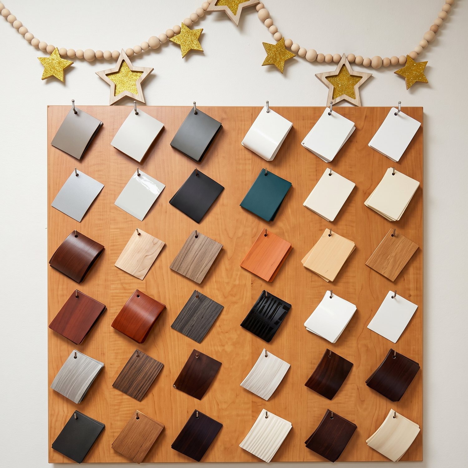 Muestrario de acabados de Elite Closets and Doors: chapillas de madera, lacas mate, blancos, negros y colores
