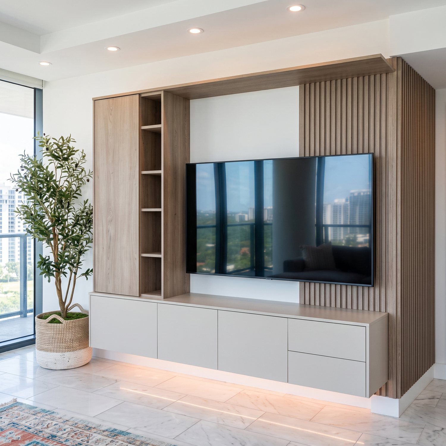 Centro de entretenimiento a la medida con panel de listones de madera, repisas abiertas y mueble flotante con luz LED
